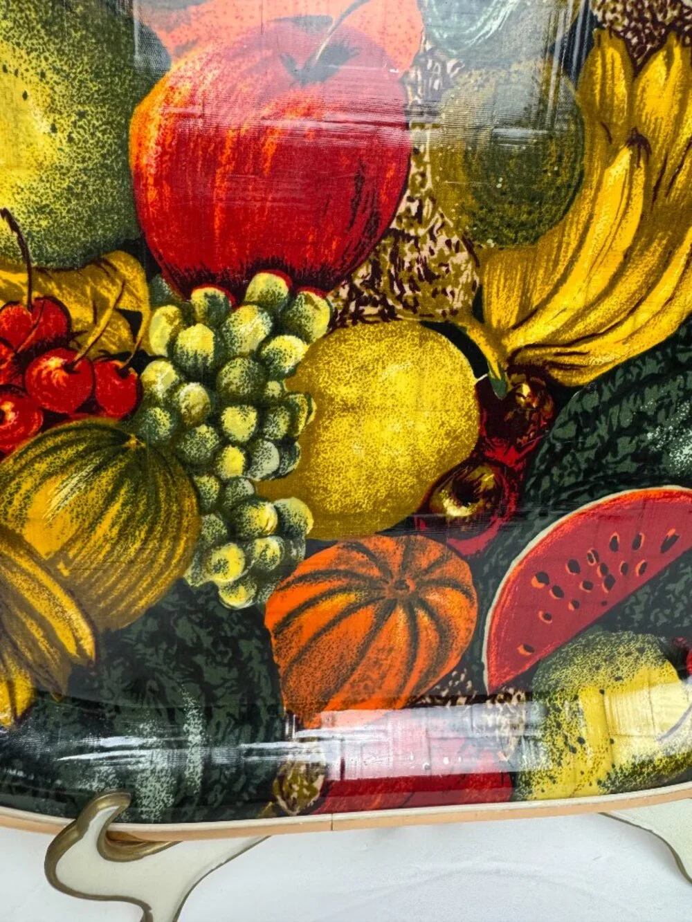 Vintage Mid Century Oval Serving Tray Fruit Still Life Gold Metal Rim Decor